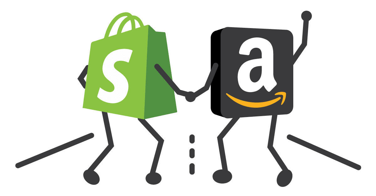 Illustration of the Shopify and Amazon logos holding hands to signify Amazon and Shopify Integration